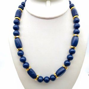 Napier Navy Beaded Necklace, Vintage Blue Lucite Beads with Gold Tone Spacers